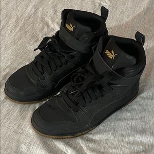 Size 5 Puma Black High-Top Sneakers with Gold Logo